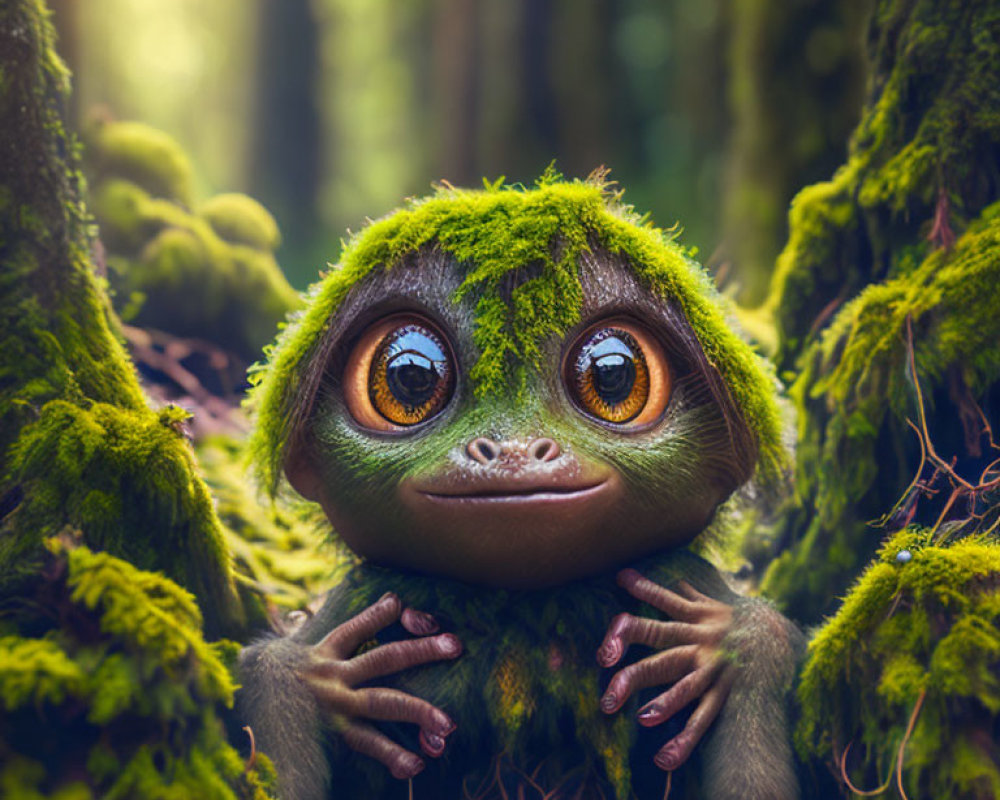 Illustration of wide-eyed, fuzzy creature in mossy forest.