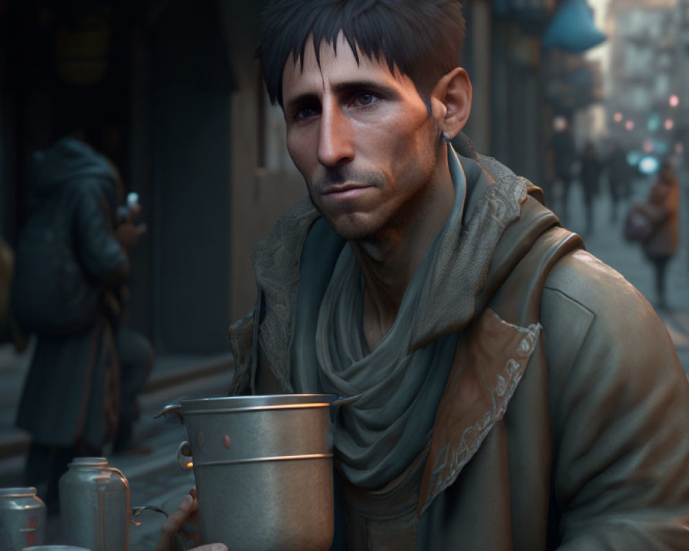 Dark-haired man with scarf holding metal cup in somber street scene