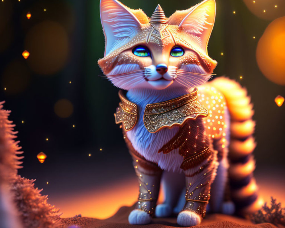 Ornate cat in gold armor with blue eyes in magical forest