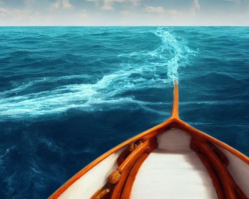 Wooden Boat Bow Slicing Blue Ocean with Wake, Cloudy Sky