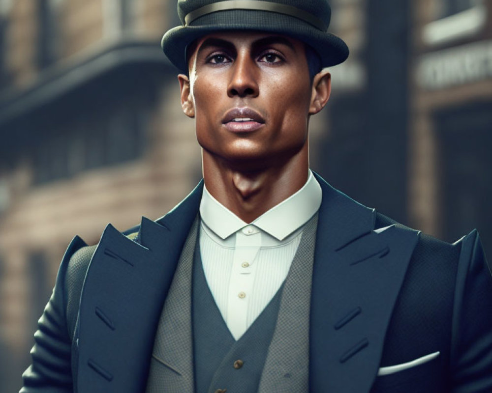 Stylish man in tailored suit and hat against urban backdrop