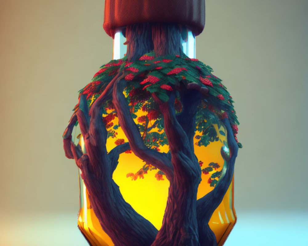 Colorful Glass Jar with Mini Ecosystem and Tree in Sunset Setting