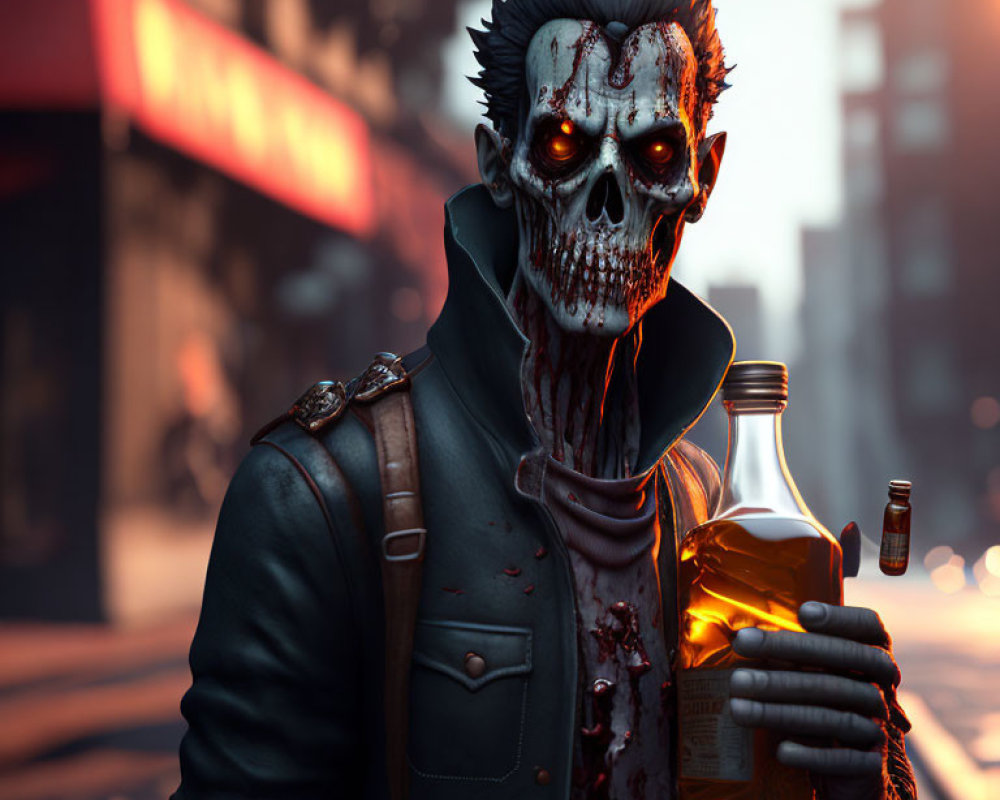 Undead zombie in leather jacket with liquor bottle on city street at sunset