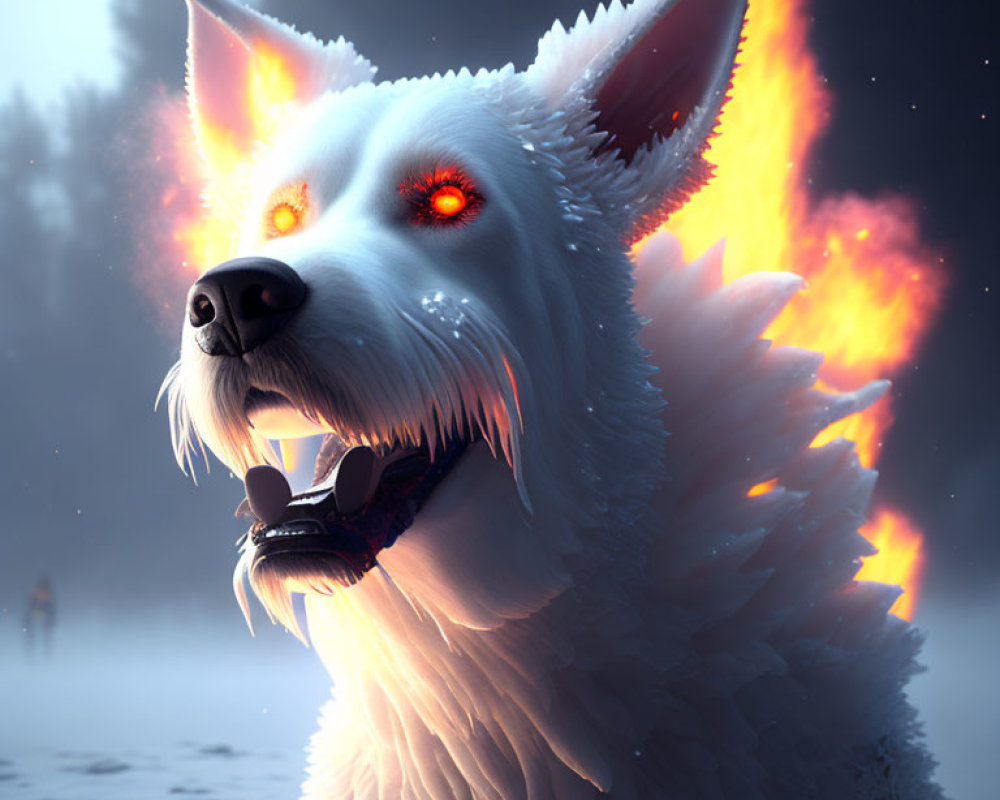 Digital Artwork: Fierce White Dog with Glowing Red Eyes and Fiery Wings