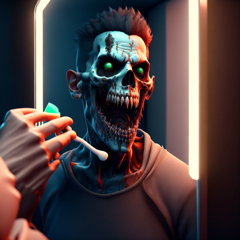 Skull-faced person holding toothbrush under neon lights