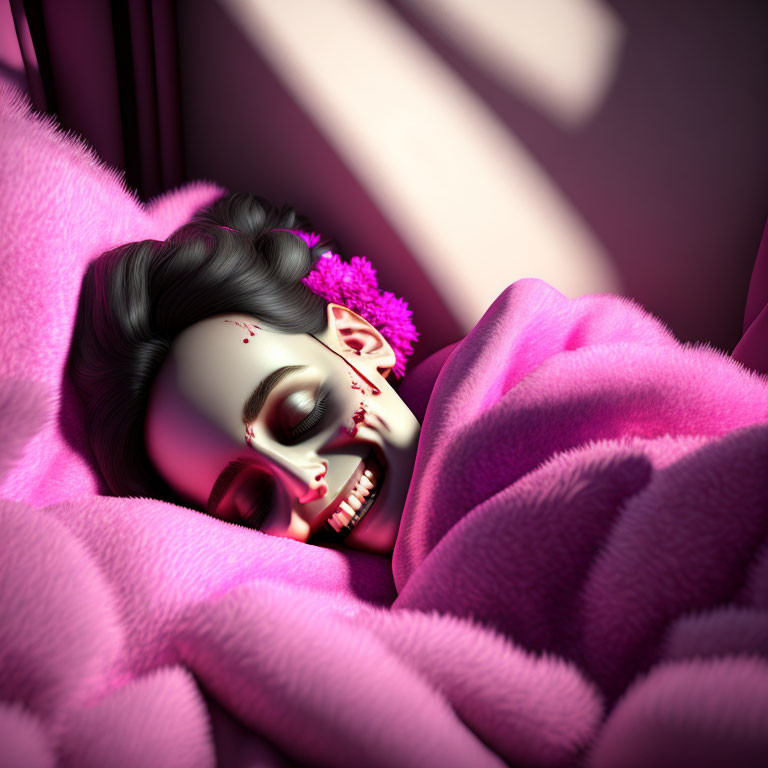 Digital artwork: Female figure with skull face paint, smiling, lying under pink blanket in warm light