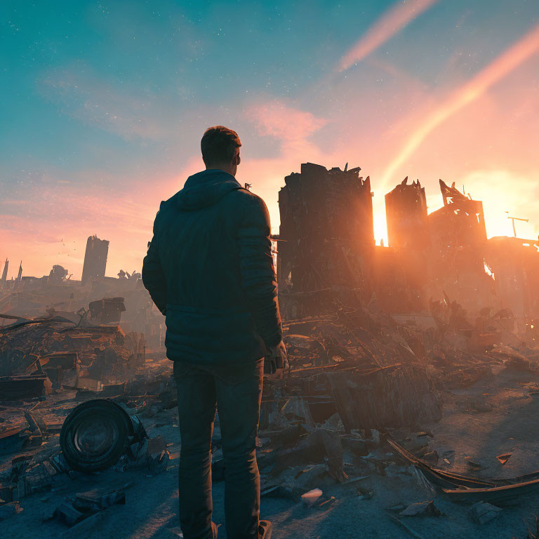 Individual in front of sunset among ruins in devastated urban setting