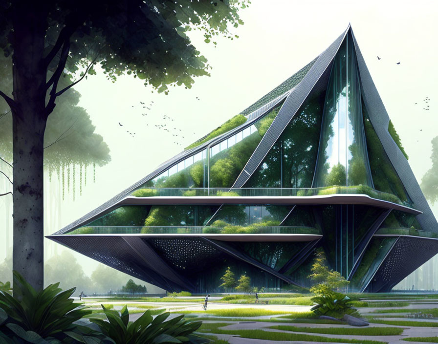 Geometric futuristic building with green terraces in lush park