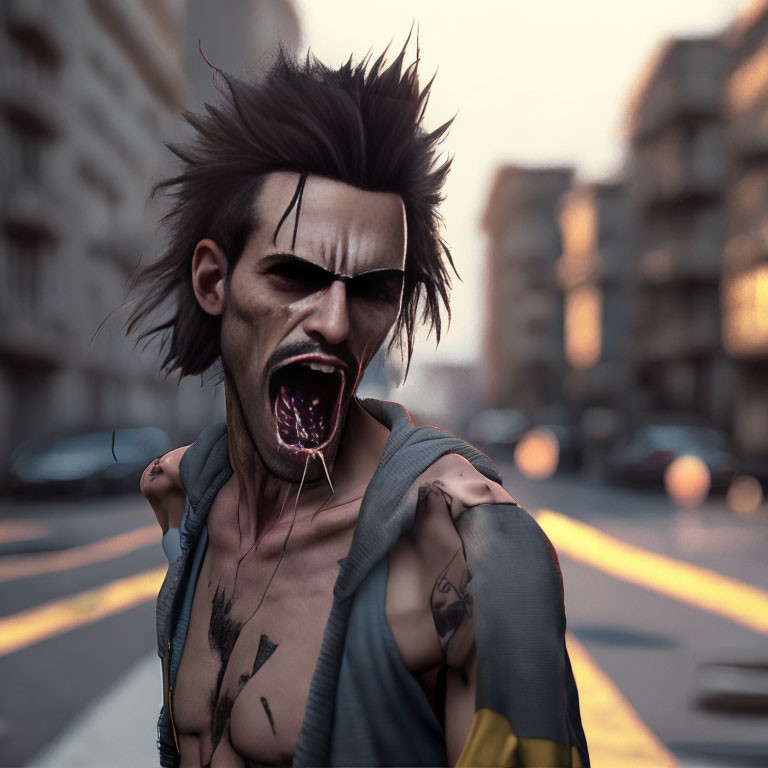 Animated character with wild black hair, tattoos, and facial markings screaming in urban street setting.