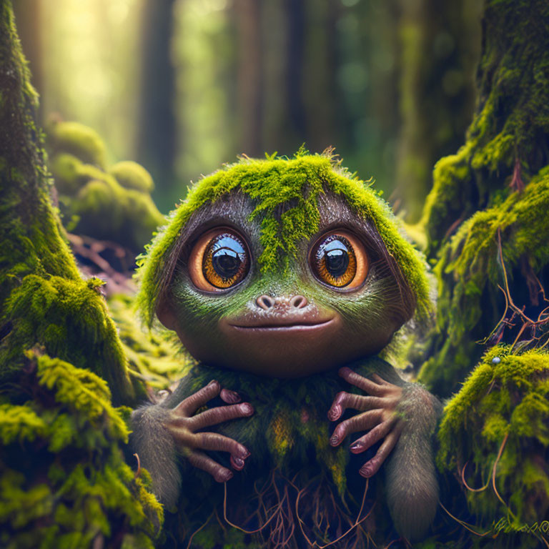 Illustration of wide-eyed, fuzzy creature in mossy forest.