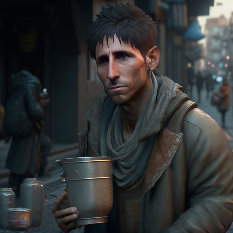 Dark-haired man with scarf holding metal cup in somber street scene