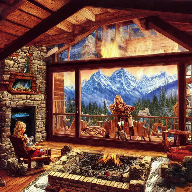 Wooden cabin interior with fireplace and snowy mountain view