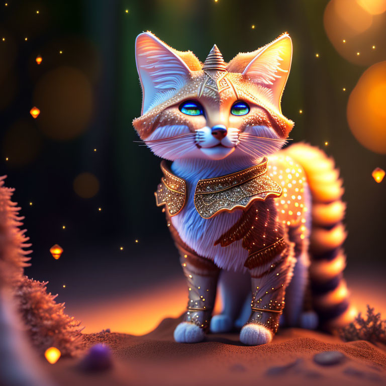 Ornate cat in gold armor with blue eyes in magical forest