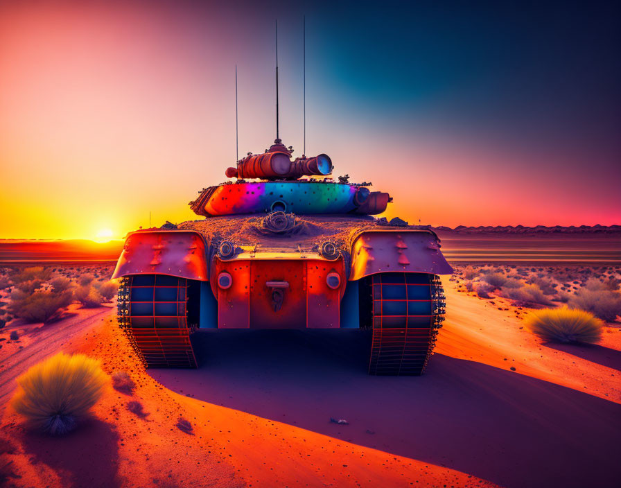 Colorful tank in desert at sunset with orange and purple sky.