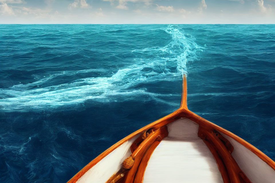 Wooden Boat Bow Slicing Blue Ocean with Wake, Cloudy Sky