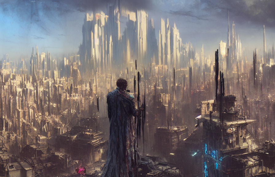 Solitary figure gazes at futuristic cityscape with skyscrapers