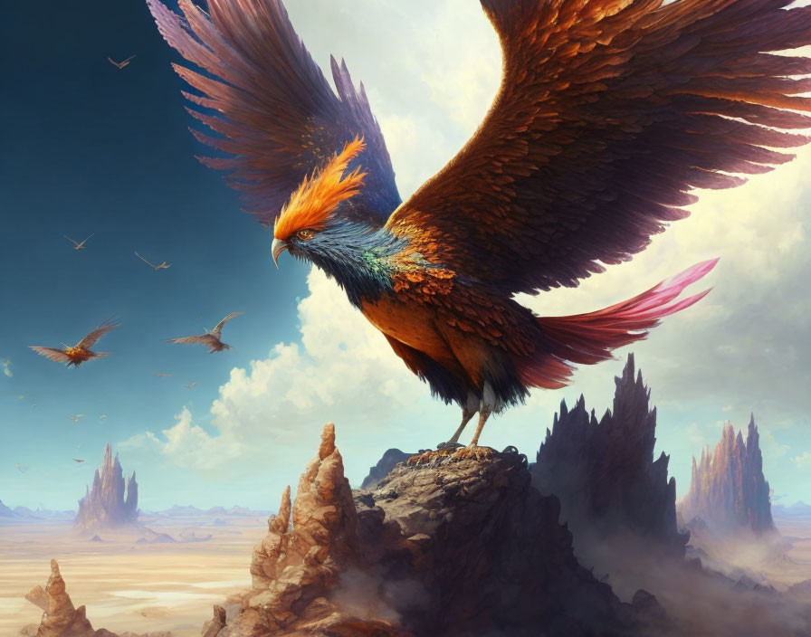 Colorful Phoenix Perched on Rock with Birds in Sky