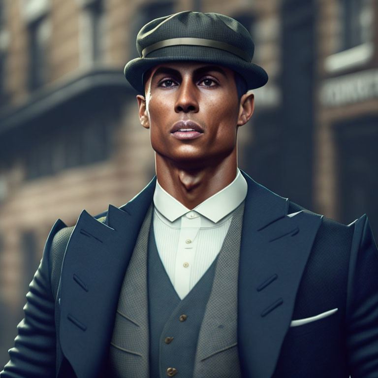 Stylish man in tailored suit and hat against urban backdrop