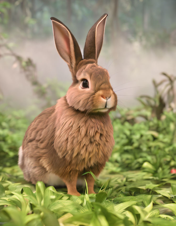 Whimsical rabbit illustration in lush forest setting