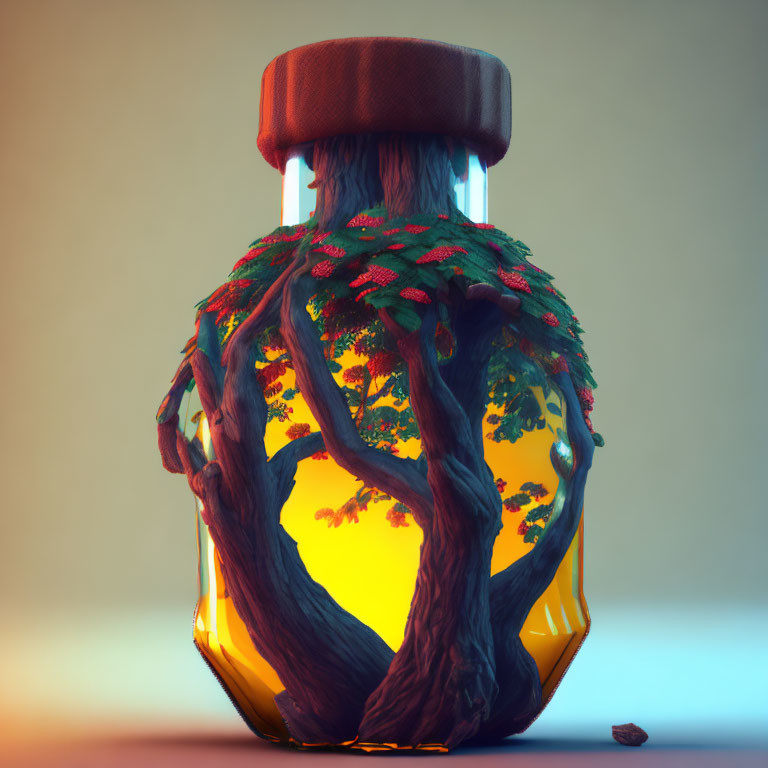 Colorful Glass Jar with Mini Ecosystem and Tree in Sunset Setting