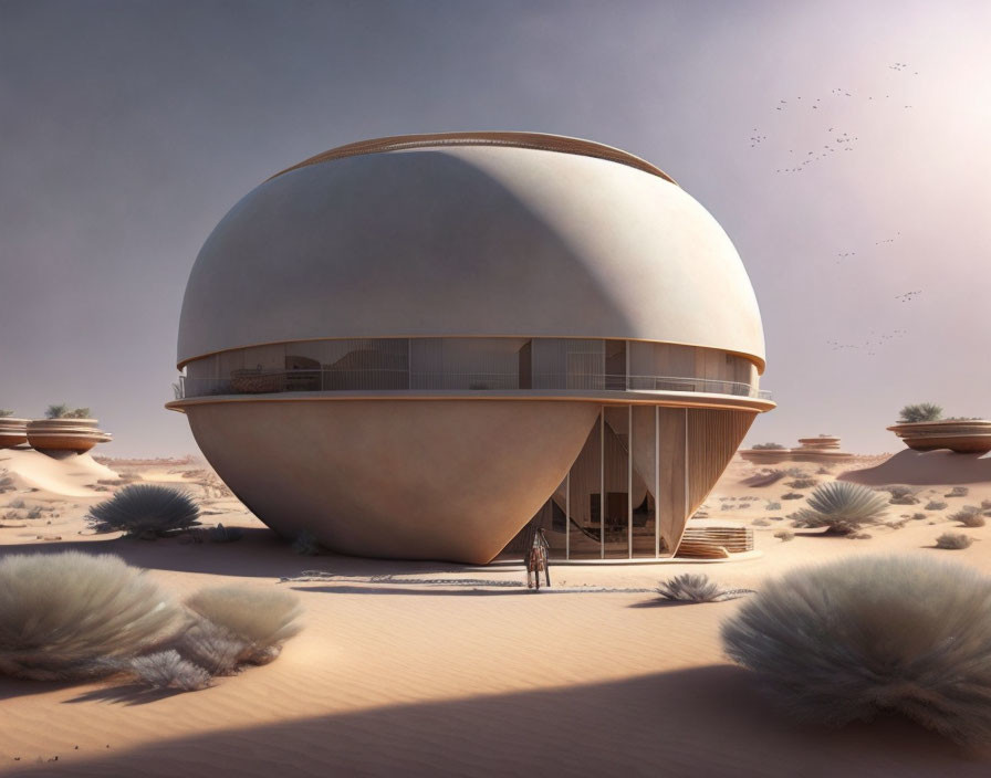 Futuristic spherical building in desert landscape with central entrance and narrow windows