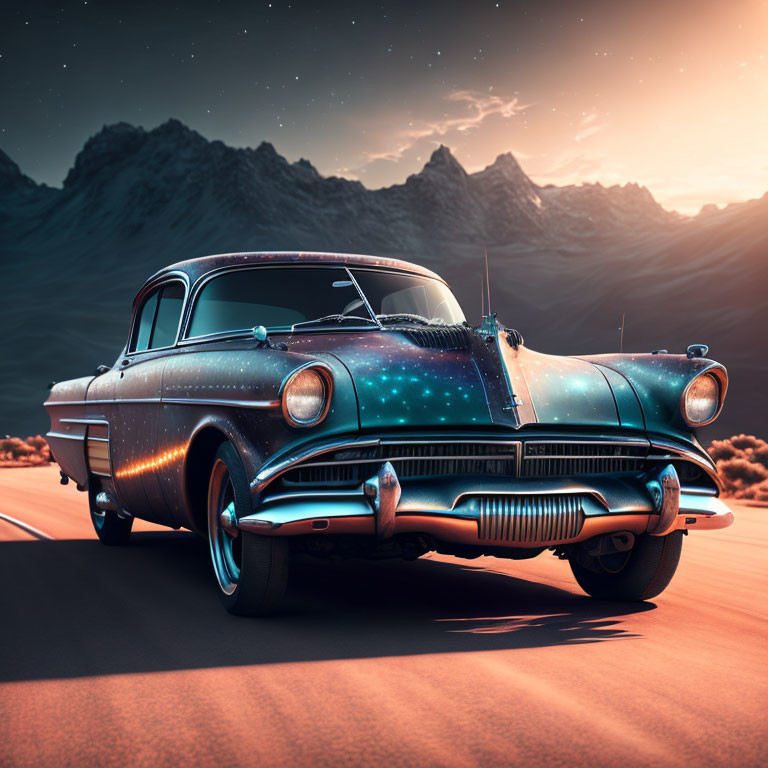 Vintage Car with Galaxy Paint in Desert Twilight