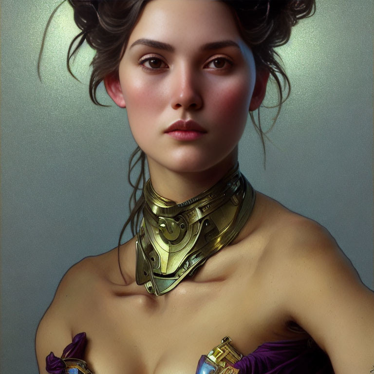 Digital painting of woman with intense gaze, golden neckpiece, purple garment