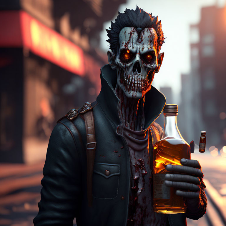 Undead zombie in leather jacket with liquor bottle on city street at sunset