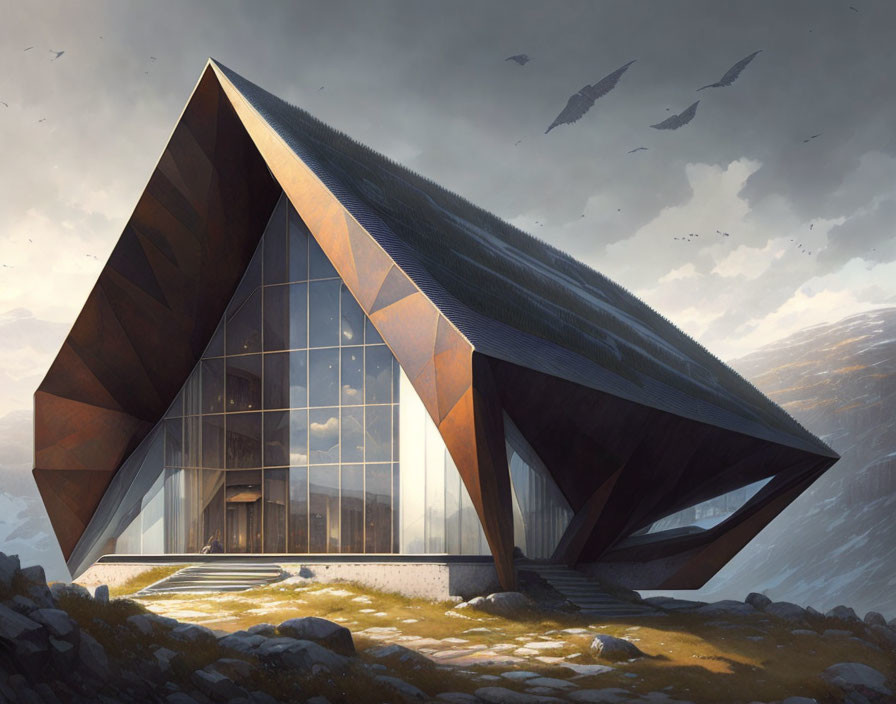 Triangular Glass Building in Mountain Landscape with Birds