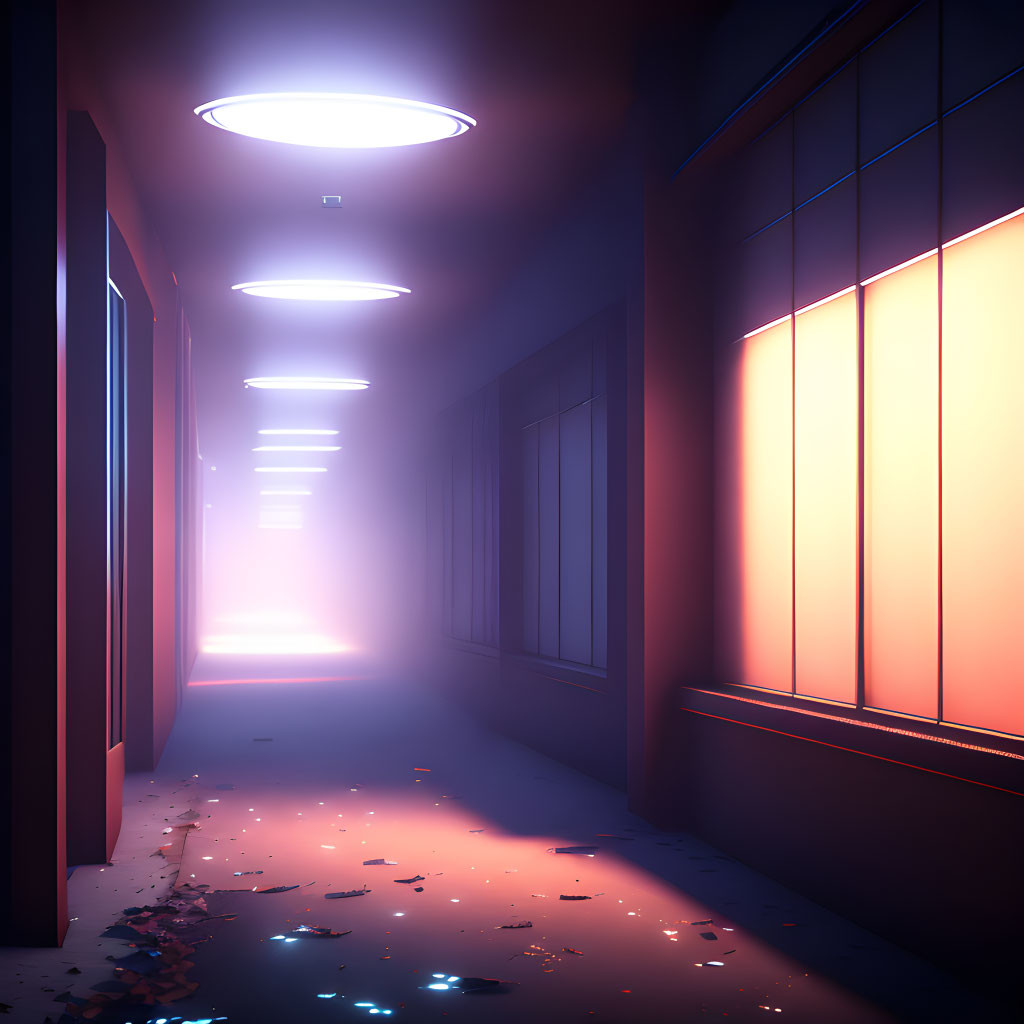 Dimly Lit Corridor with Pinkish-Purple Glow and Scattered Paper