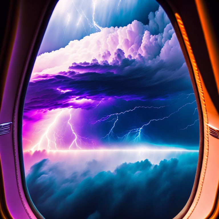 Aerial View of Dramatic Thunderstorm with Lightning Bolts in Colorful Twilight