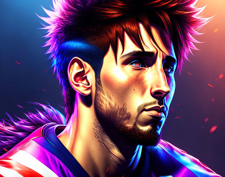 Colorful digital portrait showcasing intense expression and detailed facial features