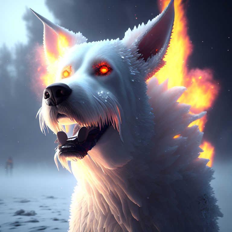 Digital Artwork: Fierce White Dog with Glowing Red Eyes and Fiery Wings