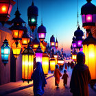 Colorful Hanging Lanterns Illuminate Twilight Street Scene with Crescent Moon