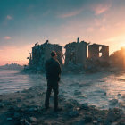 Individual in front of sunset among ruins in devastated urban setting