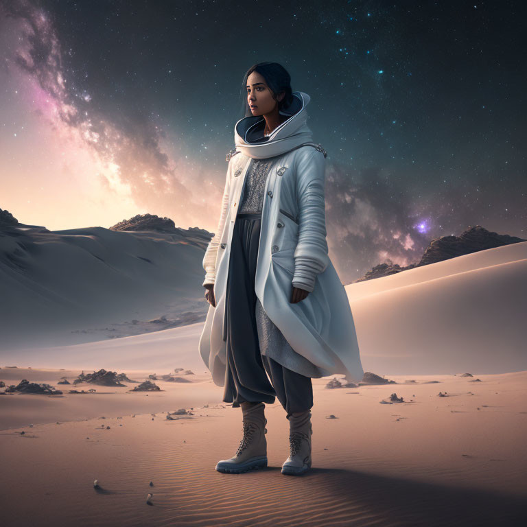 Person in futuristic attire standing on sandy dunes under starry twilight sky