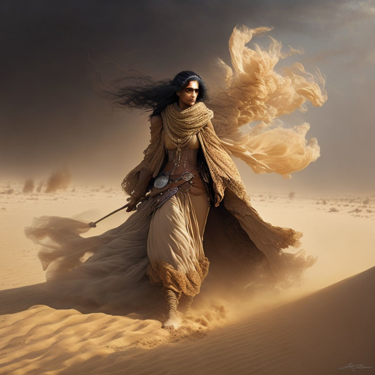 Woman in desert attire walking in sandy landscape with flowing garments and billowing scarf against dramatic sky.