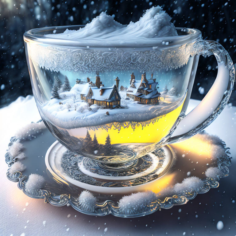 Transparent Tea Cup with Winter Village Scene in Warm Yellow Beverage