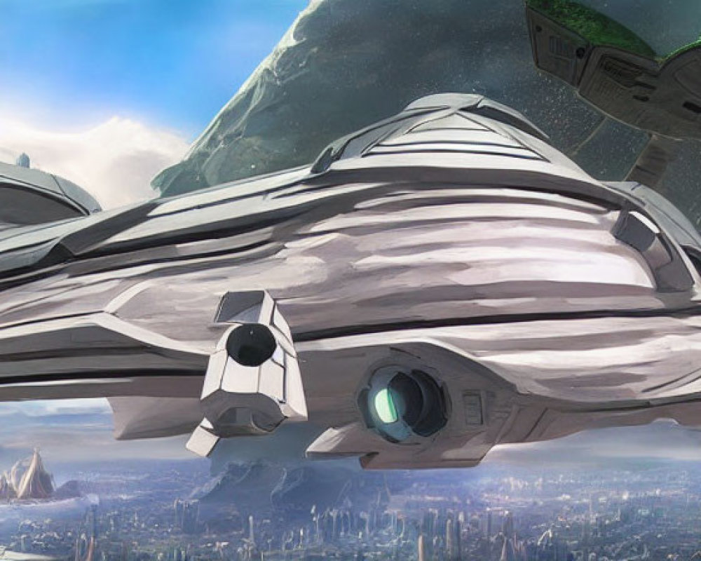 Futuristic spaceship flying over advanced cityscape with green areas