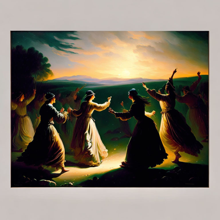 Women in flowing dresses dancing in circle at sunset on grassy field.