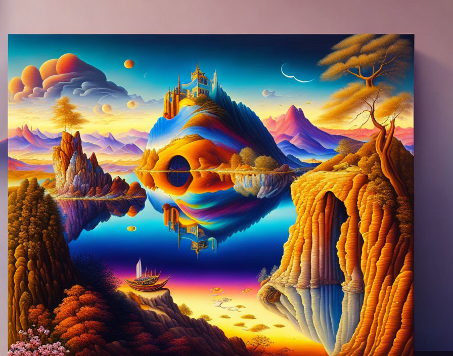 Surrealist landscape painting with floating castle, ship, and whimsical formations