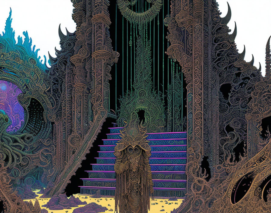 Psychedelic artwork of fantastical structure with ornate patterns