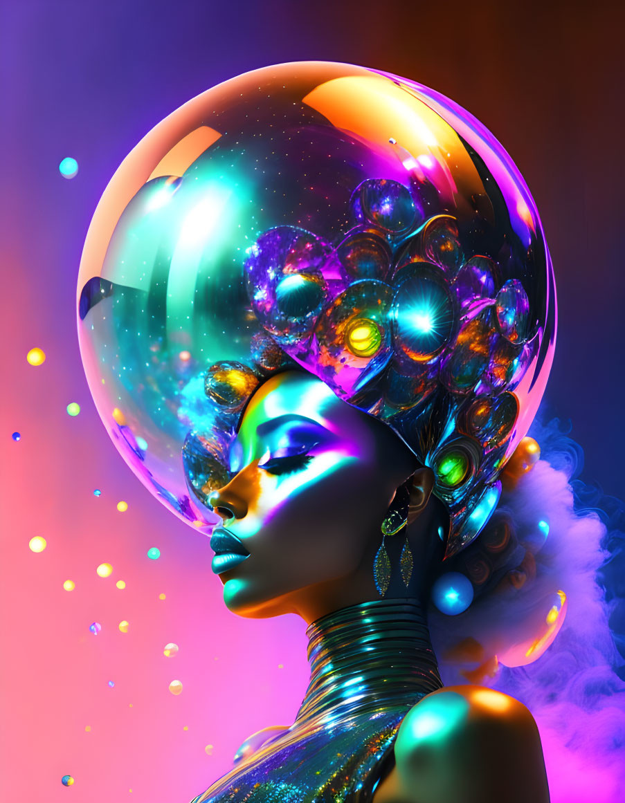 Colorful digital artwork: Female figure with cosmic bubble headpiece