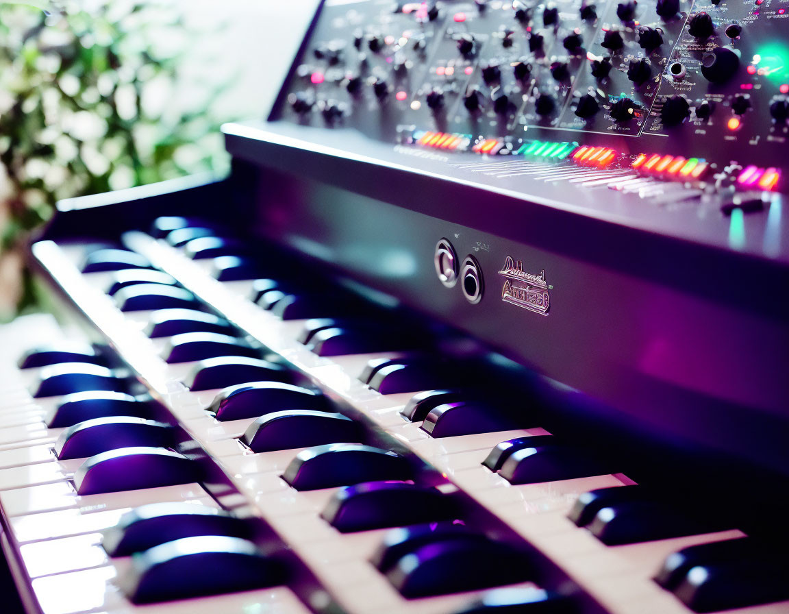 Detailed view of illuminated synthesizer controls and keyboard against blurred plant backdrop