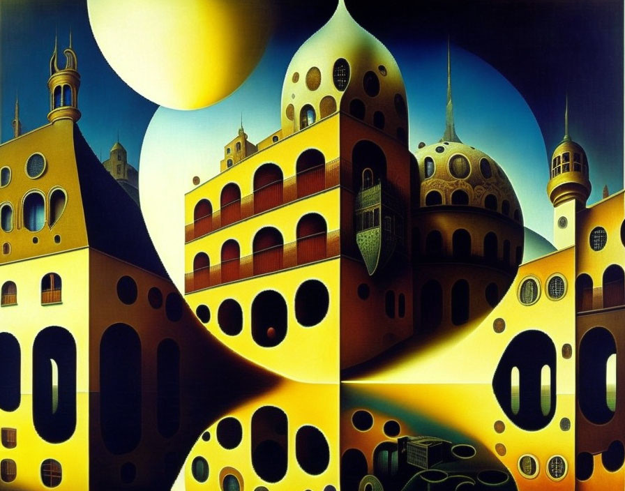 Surreal landscape with cheese-like buildings under a large yellow sun and moon, featuring domes and