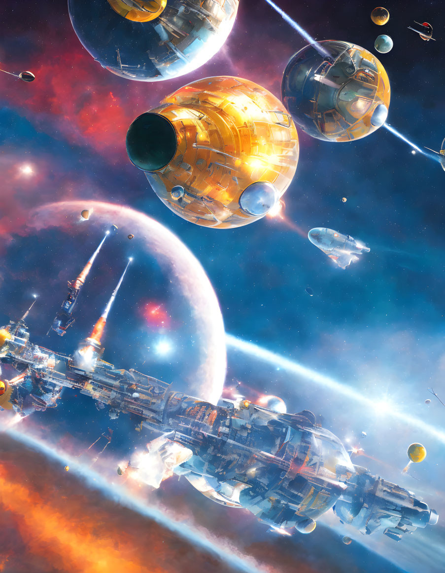 Futuristic space scene with space stations, spacecraft, planets, and stars