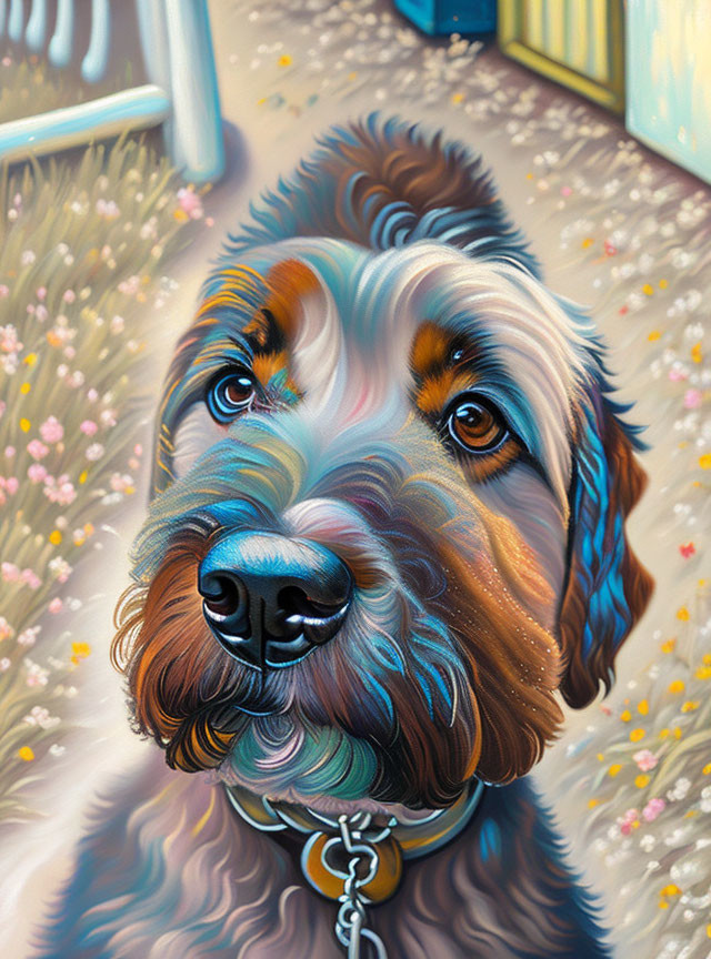 Vibrant dog portrait with detailed features and floral backdrop