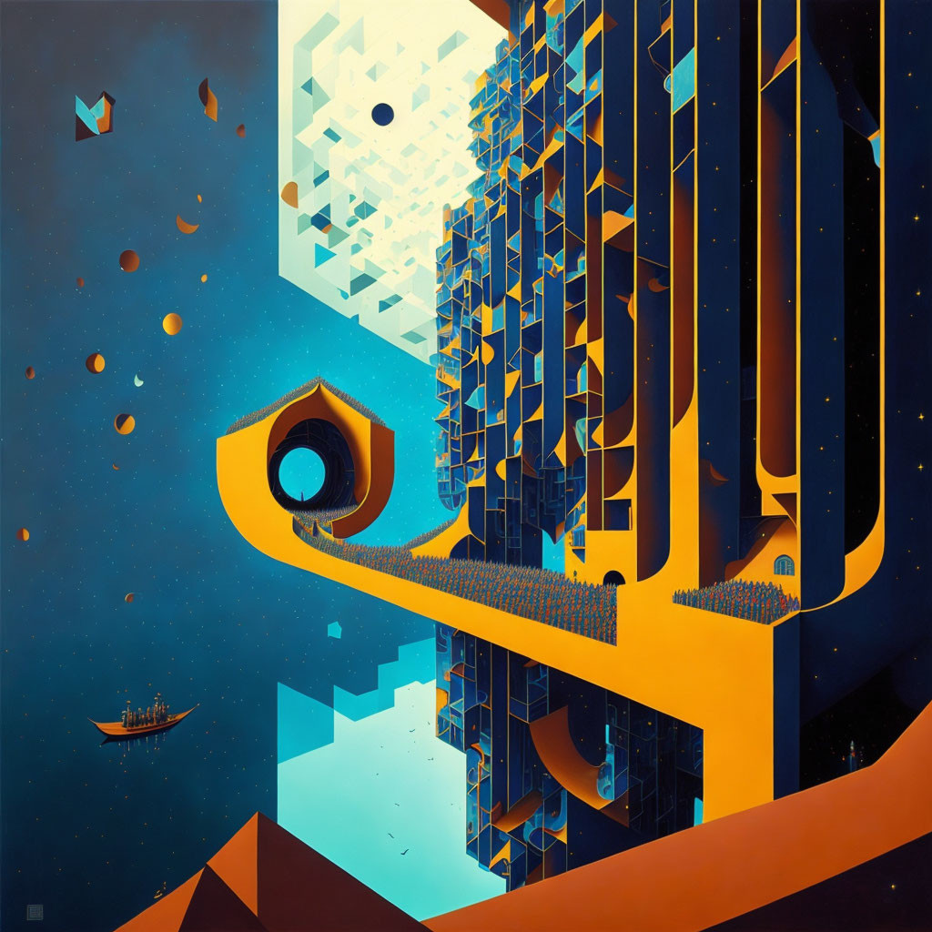 Surrealist landscape with geometric architecture and floating city