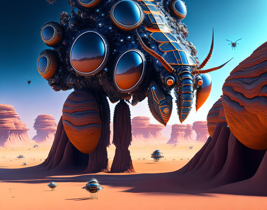 Gigantic caterpillar creature in surreal alien landscape