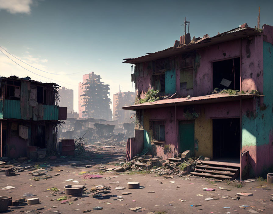 Abandoned urban area with dilapidated buildings and debris